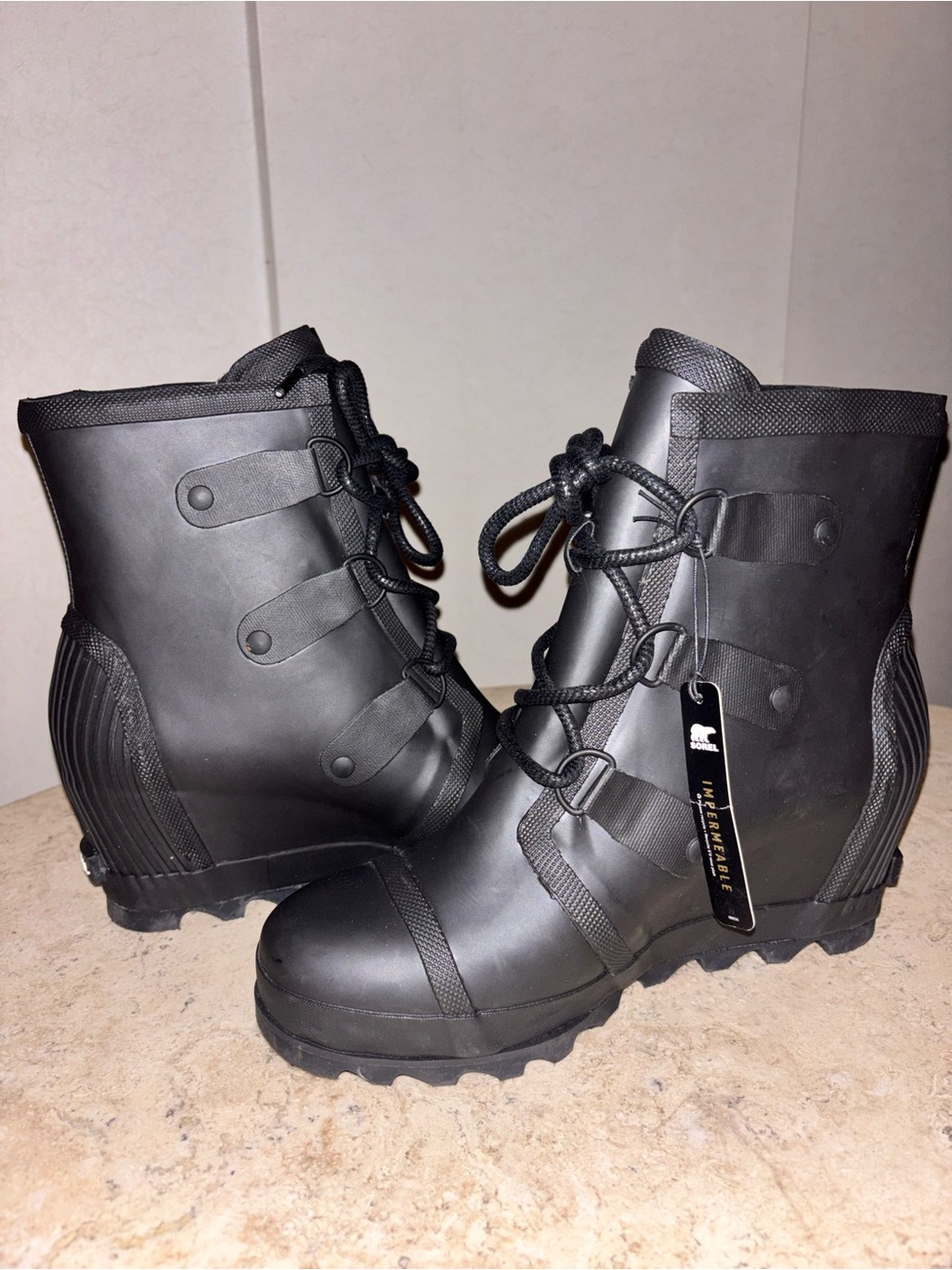 Sorel Black Lace-Up Wedge Waterproof Ankle Boot - Picture 2 of 5